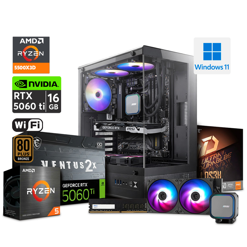 PC Gaming 300X, Ryzen 5 5500X3D/ B550M DS3H WiFi-BT/ 16GB DDR4/ RTX 5060Ti 16GB / M.2 1TB/ Case VCX300/ PSU 650W 80+/ Enfriamiento CoreLiquid 240mm MSI/ Win 11 PRO 