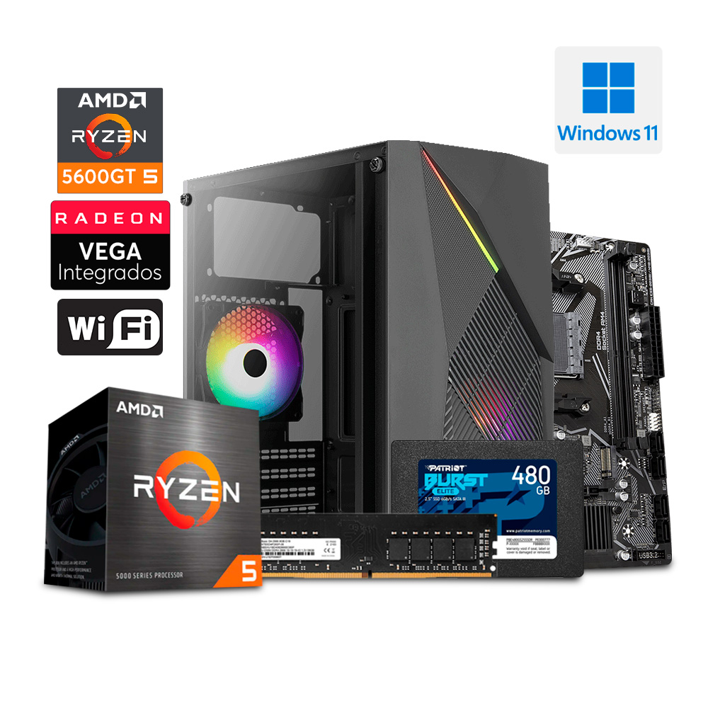 PC Gaming CoolRaider - Ryzen 5 5600GT - SSD 480GB - 8GB DDR4 - A520 - Case Raider Mini + 600W