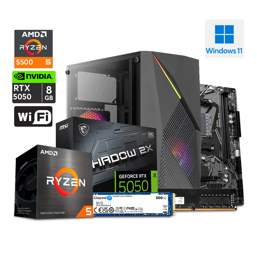 PC Gaming MINIRTX - Ryzen 5 5500 / RTX 5050 8GB / M.2 500GB / 16GB DDR4 / A520 / Case Raider Mini + 600W
