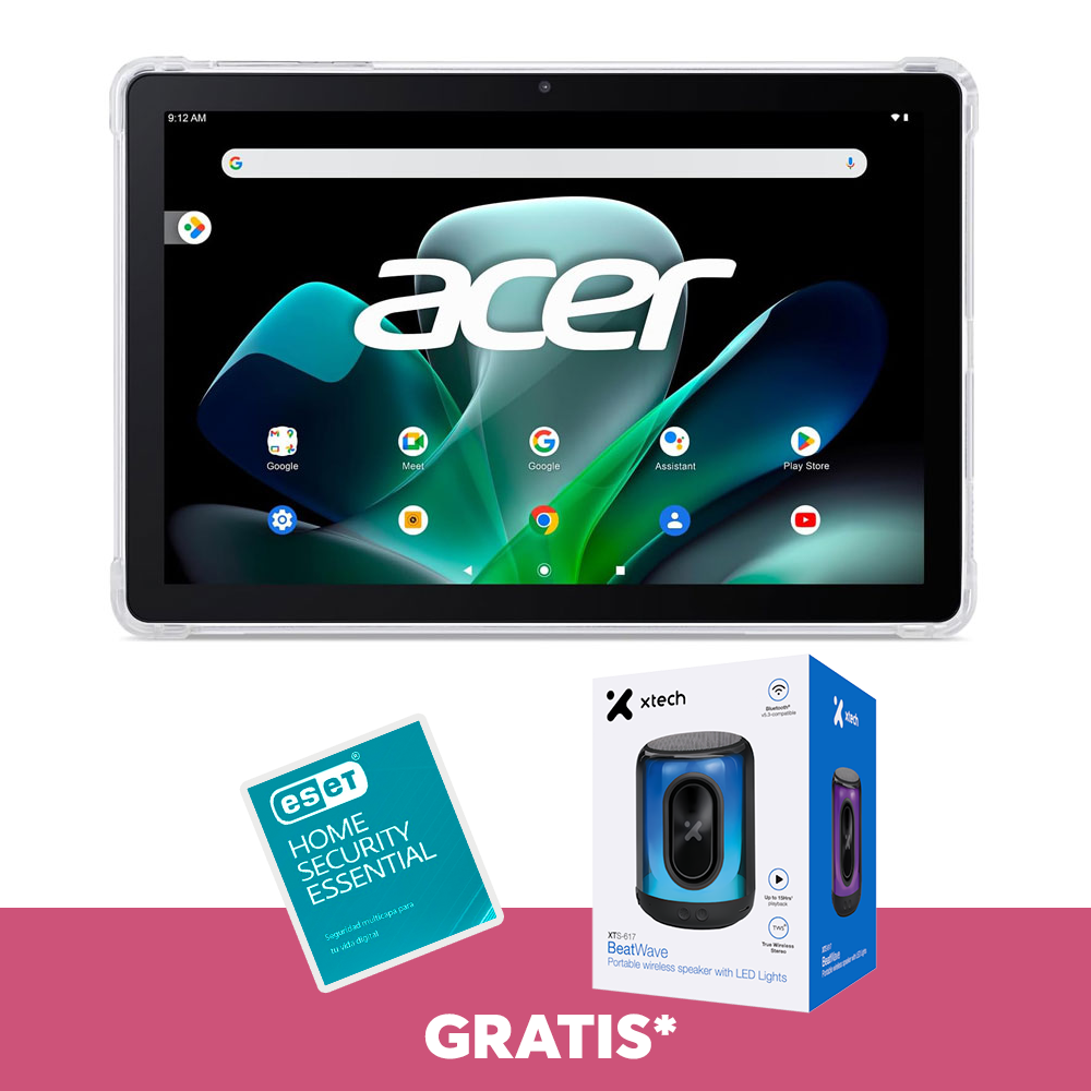 Tablet Acer M10, Pantalla 10.1" IPS, Full HD 1920x1200, Camara Dual, 4GB RAM / 64 ROM , MediaTek MT8183, Android 12,  Wi-Fi, Bluetooth 5.0, Slot MicroSD, NT.LFTAL.001 + Bocina Xtech BeatWave + Licencia ESET 3m