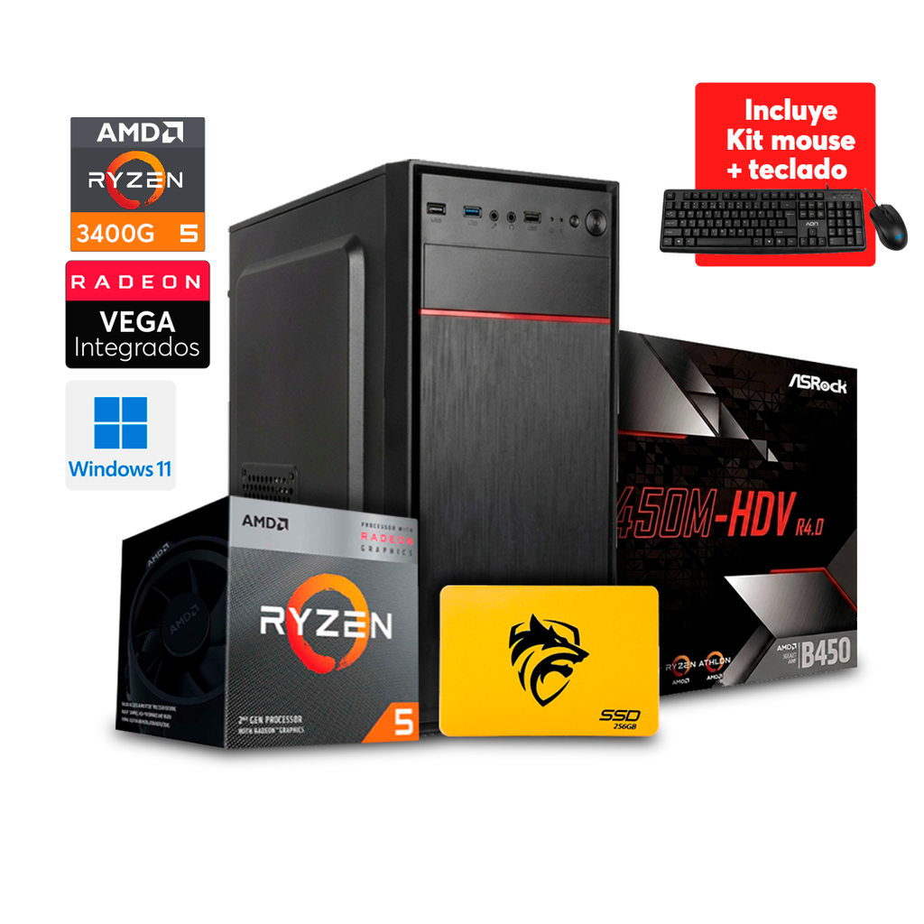 STANDARD-G RYZEN 5 3400G - 8GB RAM - 256 GB SSD - CASE CON FUENTE AON  - WIDOWS 11 PRO + TECLADO Y MOUSE