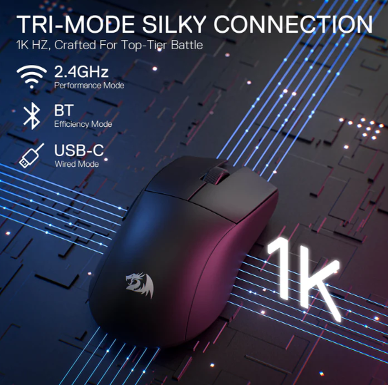 Mouse Redragon King Lite - 3 conecciones, Bluetooth + USB C + Dongle usb, Negro - M916-LIT-1K