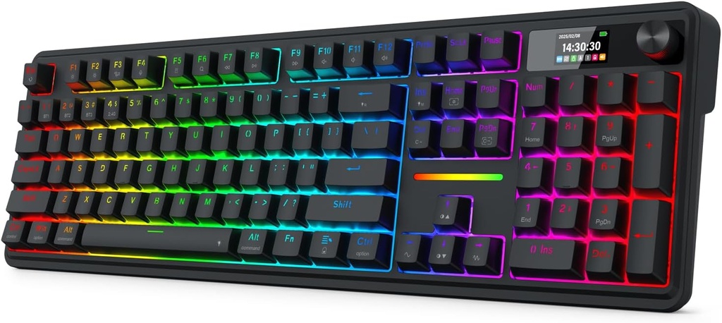 Teclado Inalambrico Redragon TerraFlare Pro - Negro - K762RGB-PRO, Pantalla LCD y perilla Teclas redondas de PBT Brillo RGB,  3 modos de conexion