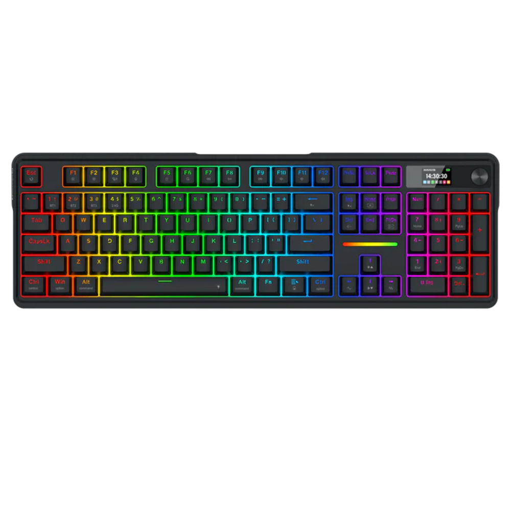 Teclado Inalambrico Redragon TerraFlare Pro - Negro - K762RGB-PRO, Pantalla LCD y perilla Teclas redondas de PBT Brillo RGB,  3 modos de conexion