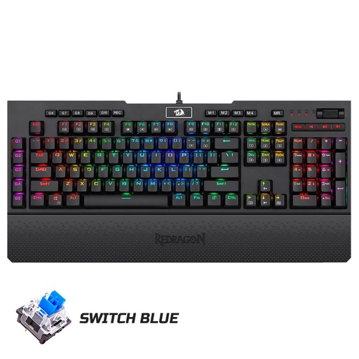 [16430] Teclado Mecanico Redragon Brahma Negro, Retroiluminado LED, Switch Azul, K586, Reposa muñeca, Macros