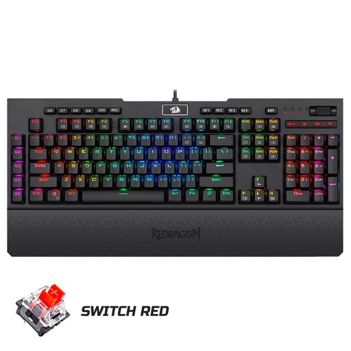 [16431] Teclado Mecanico Redragon Brahma Negro, Retroiluminado LED, Switch Rojo, K586, Reposa muñeca, Macros,