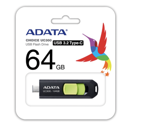 [11278] Memoria USB C ADATA 64GB USB3.2 Gen1 Type-C BLACK/GREEN ACHO-UC300-64G- RBK/GN